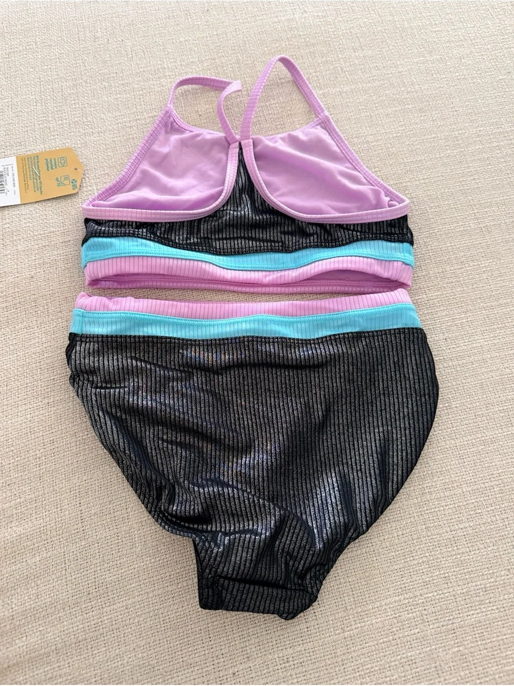 Thereabouts Girls 7/8 Metallic Ribbed 2 Piece Swimsuit Black Pink Blue NWT